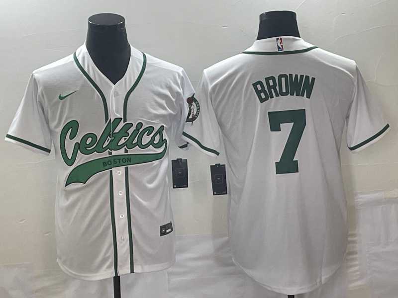 Men%27s Boston Celtics #7 Jaylen Brown White With Patch Stitched Baseball Jersey